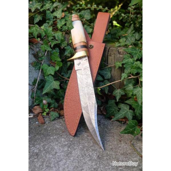 Poignard XXL Couteau Damas Lame 256 Couches Lame Bowie Manche Bois/OS Fabricat Artisanale Etui Cuir