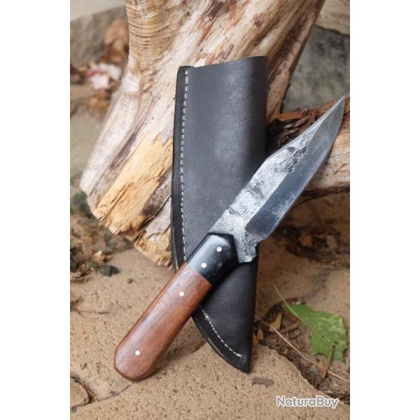 Couteau Skinner de Chasse Bushcraft Lame Acier Carbone 1075 Manche Bois Etui Cuir Fabr Artisanale