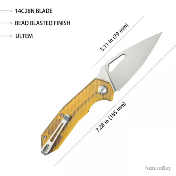 Couteau Kubey Coeus Yellow Lame Acier 14C28N Manche Ultem Linerlock CLip IKBS KUB122S