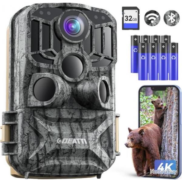 Camera de Chasse Connecte Tlphone 4K 48MP HD WiFi Infrarouge Vision Nocturne 120/IP66 Carte 32G