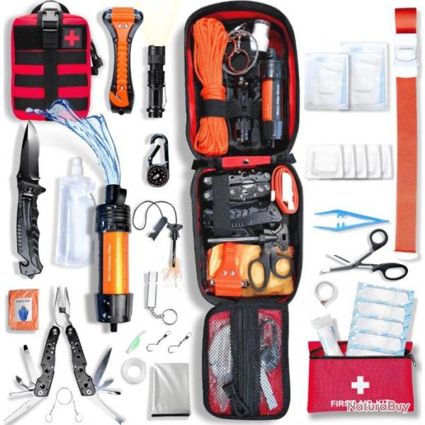 Kit de Survie Complt + Trousse de Secours + Paille Filtrante + Sac + Pierre Allume Feu Couteau