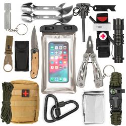 Kit de Survie Militaire Complet-Trousse de Secours avec Garrot Lampe Torche Couteau Pierre à feu