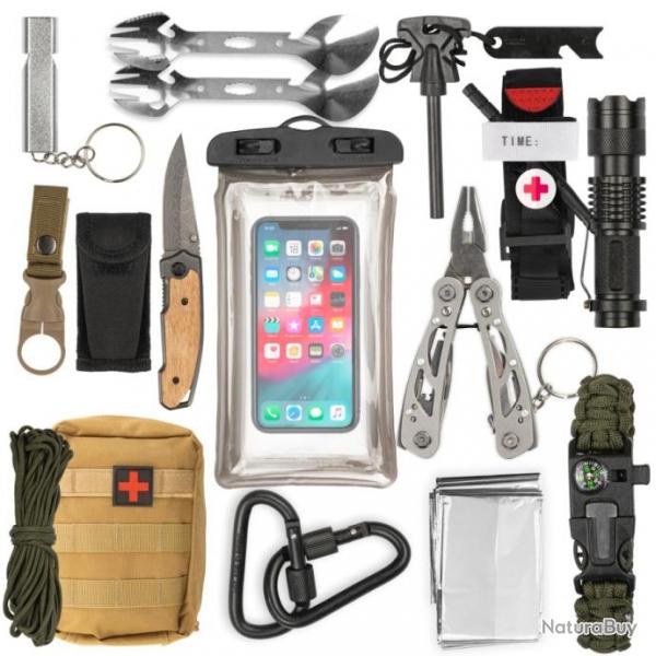 Kit de Survie Militaire Complet-Trousse de Secours avec Garrot Lampe Torche Couteau Pierre  feu