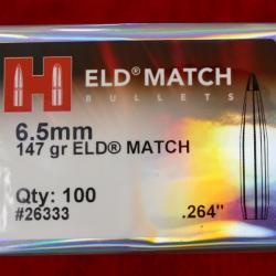 100 Ogives HORNADY cal 6.5mm 147Gr Eld Match