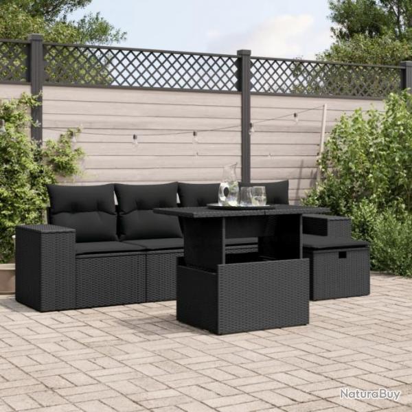 Salon de jardin 6 pcs avec coussins noir rsine tresse