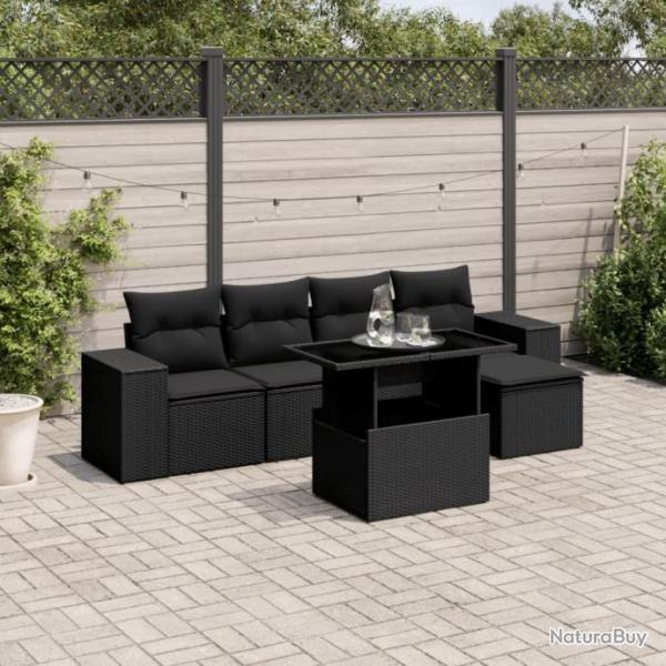 Salon de jardin 6 pcs avec coussins noir rsine tresse