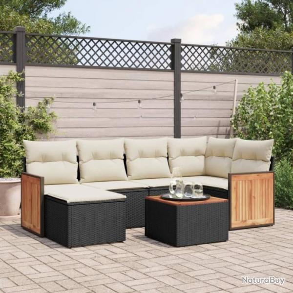 Salon de jardin 7 pcs avec coussins noir rsine tresse