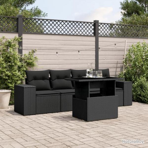 Salon de jardin 5 pcs avec coussins noir rsine tresse