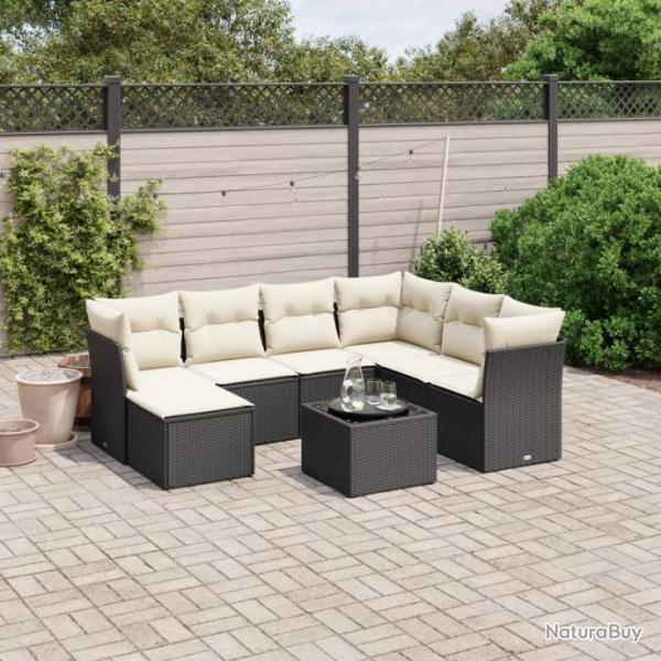 Salon de jardin 8 pcs avec coussins noir rsine tresse