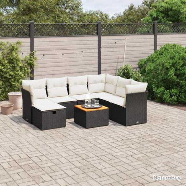 Salon de jardin 8 pcs avec coussins noir rsine tresse