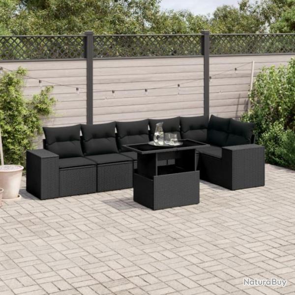 Salon de jardin 7 pcs avec coussins noir rsine tresse