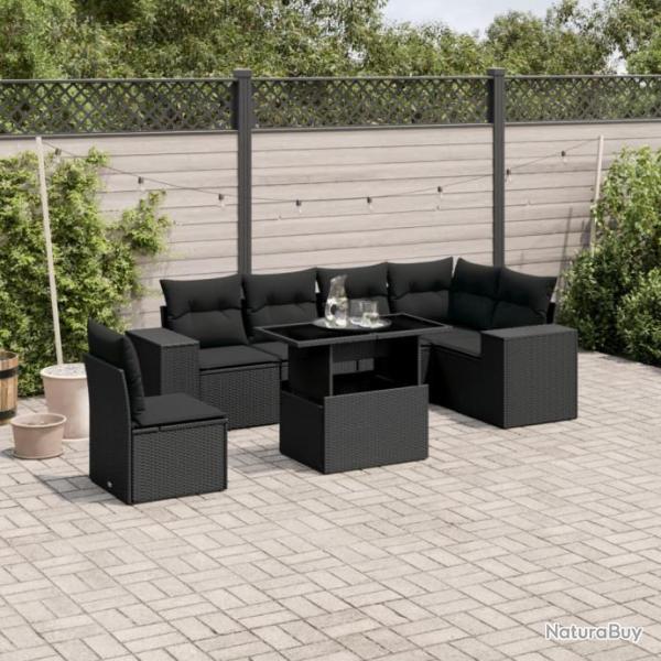 Salon de jardin 7 pcs avec coussins noir rsine tresse