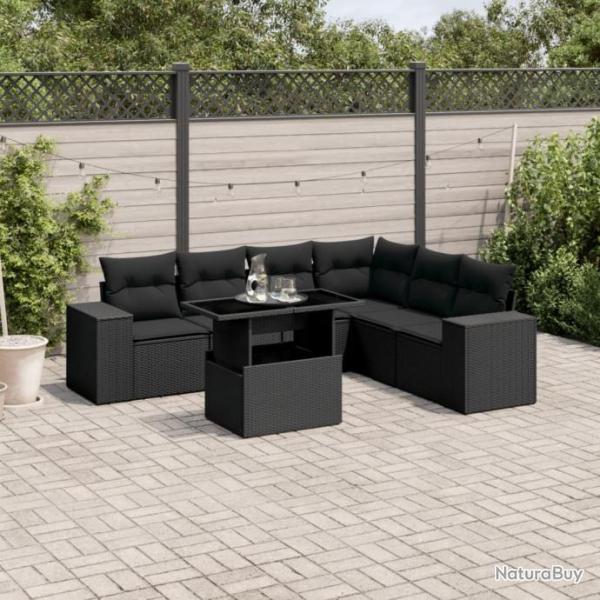 Salon de jardin 7 pcs avec coussins noir rsine tresse