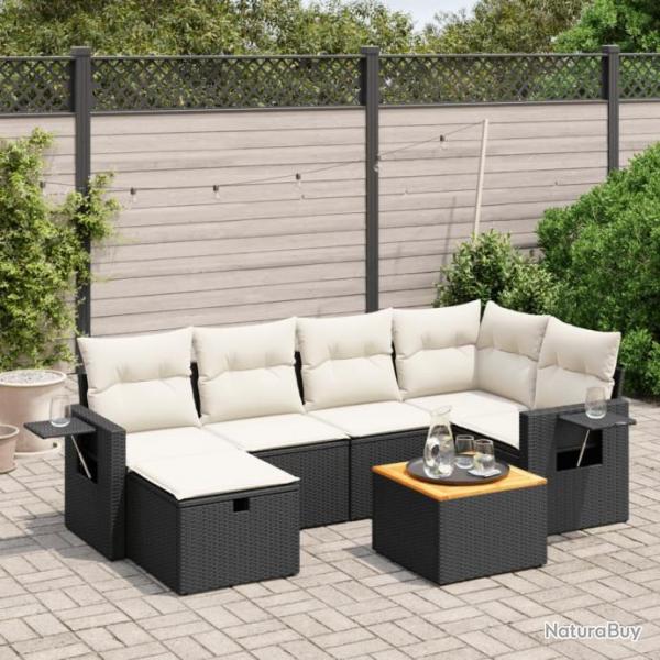 Salon de jardin 7 pcs avec coussins noir rsine tresse