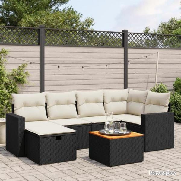 Salon de jardin 7 pcs avec coussins noir rsine tresse