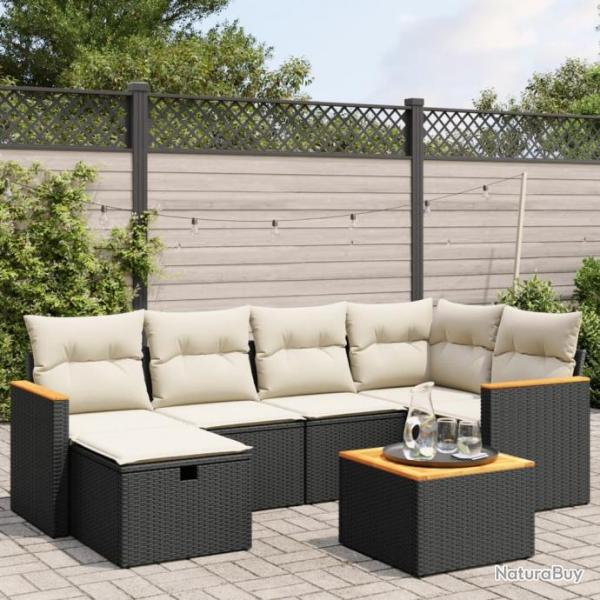 Salon de jardin 7 pcs avec coussins noir rsine tresse