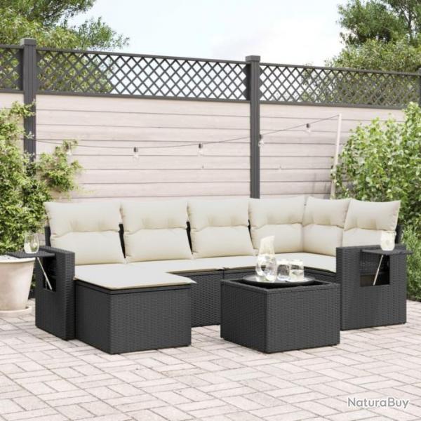 Salon de jardin 7 pcs avec coussins noir rsine tresse