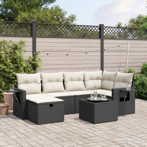 Salon de jardin 7 pcs avec coussins noir rsine tresse