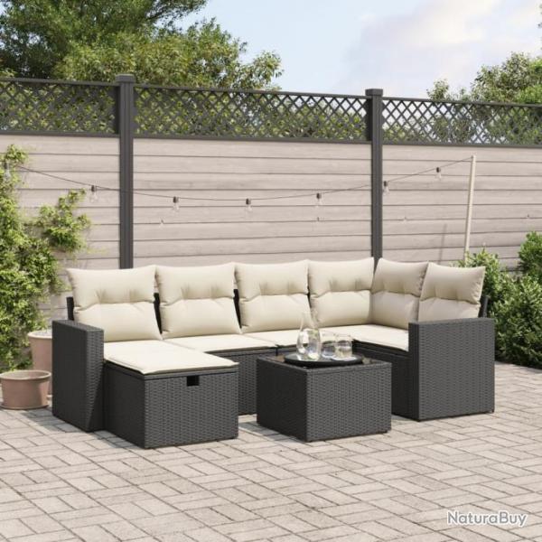 Salon de jardin 7 pcs avec coussins noir rsine tresse