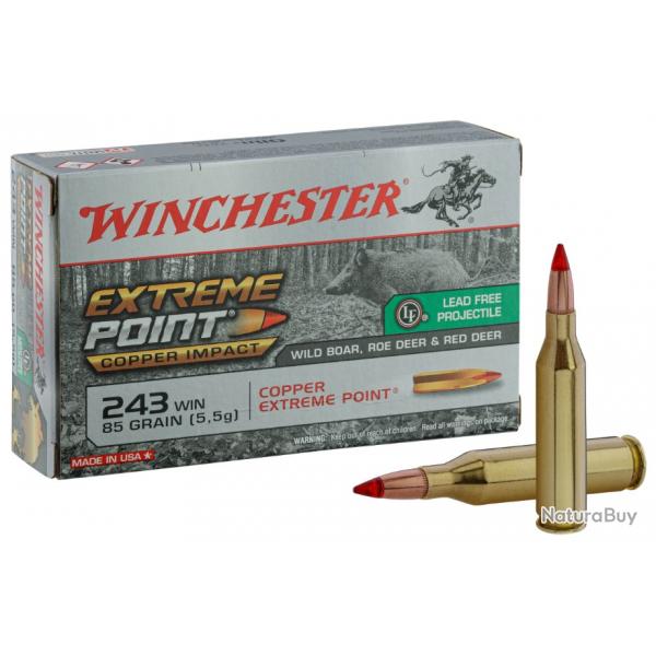 LOT DE 40 BALLES WINCHESTER EXTREME POINT  COOPER IMPACT CAL 243WIN 85GR  5.5 G  SANS PLOMB