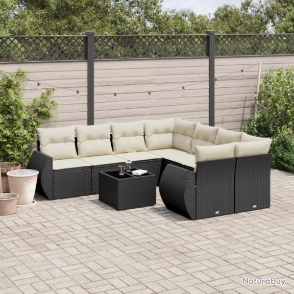 Salon de jardin 9 pcs avec coussins noir rsine tresse