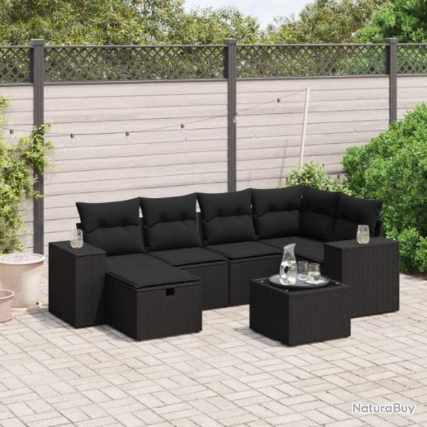 Salon de jardin 7 pcs avec coussins noir rsine tresse