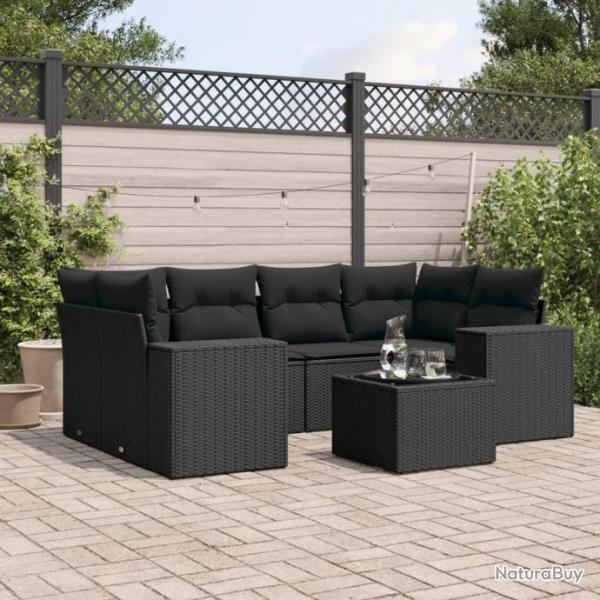 Salon de jardin 7 pcs avec coussins noir rsine tresse