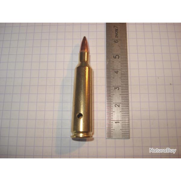 une cartouche de 22-250 remington, neutralise, tui perc, amorce percute, ogive blinde