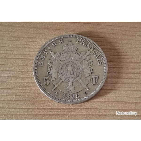 Ecu 5 Francs Argent 1868 A , Napolon III , 3 , Paris