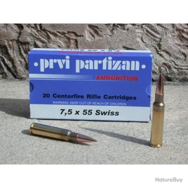 Cartouches PARTIZAN CAL. 7,5X55 SUISSE 174-GRS FMJ-BT lot de 1000