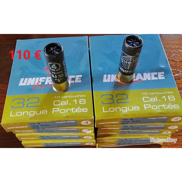 lot de 100 cartouches cal 16/70 soit 10bts de  LONGUES PORTEES UNIFRANCE en 4