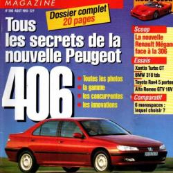 l'automobile magazine 590 aout 1995, peugeot 406, andré citroen, fangio, pilote de f1,