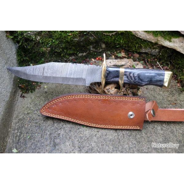 Poignard De Chasse Sub-Hilt Fighter Lame Acier Damas 256 Couches Manche Bois Etui Cuir F Artisanale