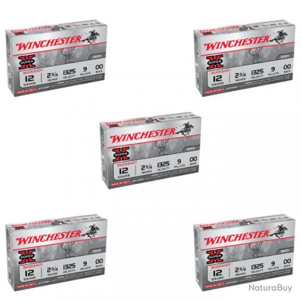 Lot de 5 botes de 5 cartouches Chevrotine Winchester Super X Buckshot Cal. 12/70 9 grains