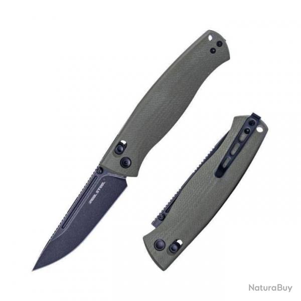 Couteau Real Steel Pathfinder Green Manche G10 Lame Drop Point Acier 14C28N Slide Lock Clip RS7851GB