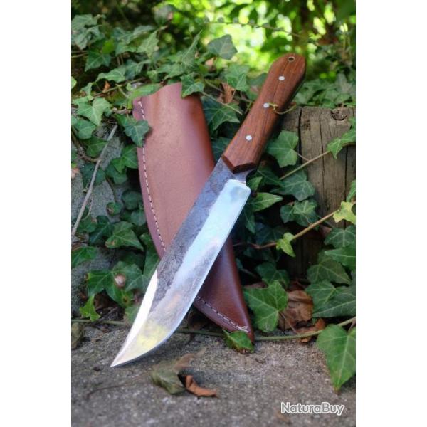 Buchcraft Couteau De Chasse Bowie Lame Acier Carbone 1075 Etui Cuir Manche Bois Fabric Artisanale 00