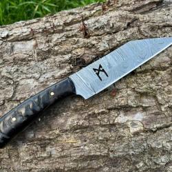 Couteau SCRAMASAXE rune MANNAZ damas forgé LLF corne de bélier noire 25cm enchère