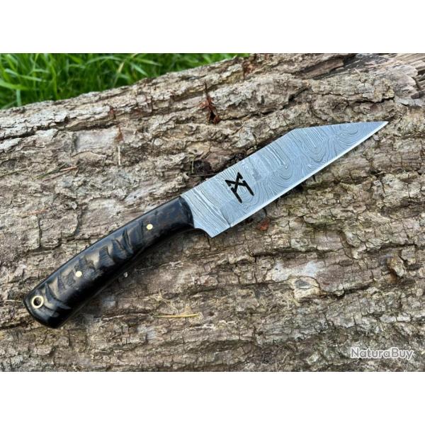 Couteau SCRAMASAXE rune MANNAZ damas forg LLF corne de blier noire 25cm enchre