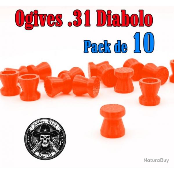 Balle tir rduit .31 ogive diabolo orange haute visibilit plastique - Pack de 10 - Bast3D