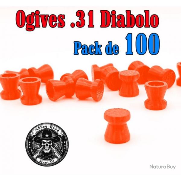 Balle tir rduit .31 ogive diabolo orange haute visibilit plastique - Pack de 100 - Bast3D