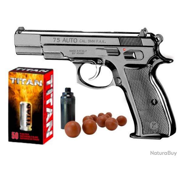 Pack dfense Pistolet  blanc + Munitions - Kimar 75 Noir cal 9mm PAK - Rplique CZ75