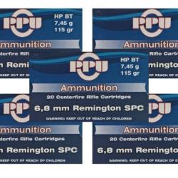 Lot de 5 boîtes de 20 cartouches Partizan 6.8 mm REM SPC - 115 Grs HP BT - Braderie Automne