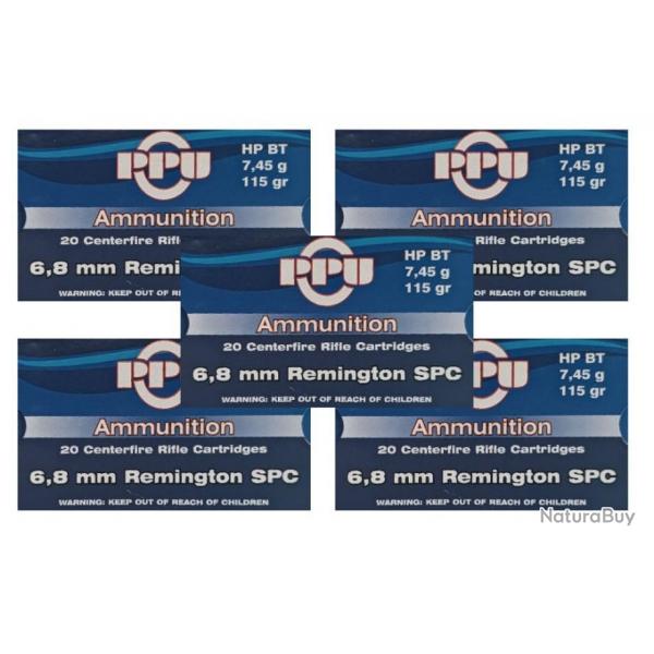 Lot de 5 botes de 20 cartouches Partizan 6.8 mm REM SPC - 115 Grs HP BT - Braderie Automne