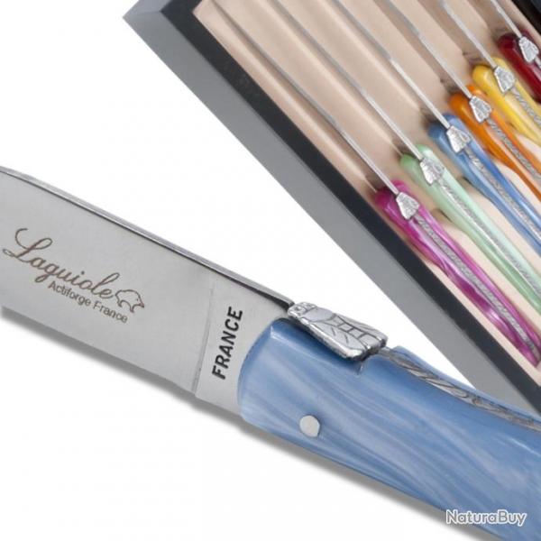 Coffret de 6 couteaux  steak Laguiole manche en plexiglas de couleurs nacres assorties