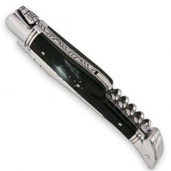 Couteau Laguiole manche en corne noire avec tire-bouchon et mitres en inox 11 cm