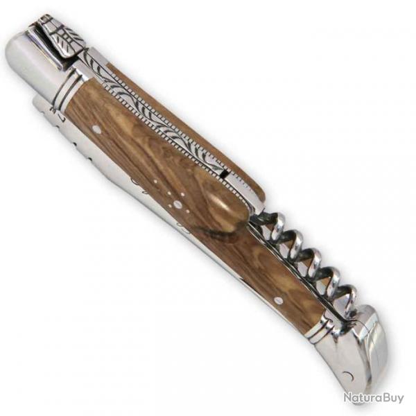 Couteau Laguiole manche en bois d'olivier avec tire-bouchon et mitres en inox 12 cm