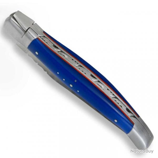 Laguiole abeille design en G10 bleu et filet rouge