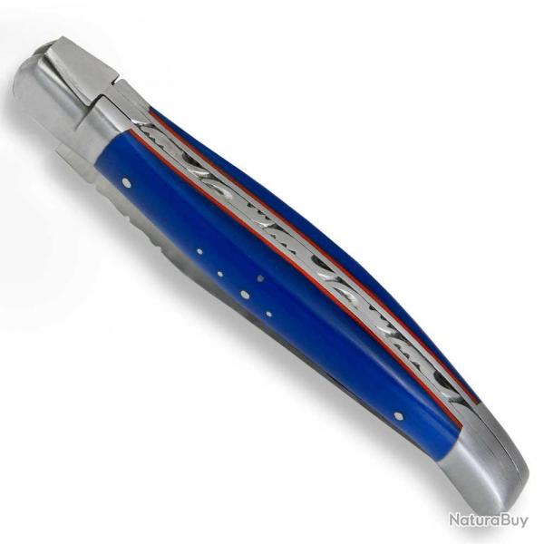 Laguiole abeille design en G10 bleu et filet rouge
