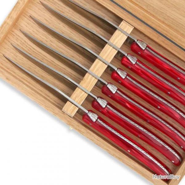 Coffret de 6 couteaux  steak Laguiole manche en plexiglas nacr rouge