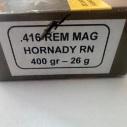 12 Cartouches 416 REM MAG HORNADY RN 400GR 26G + 5 GPA